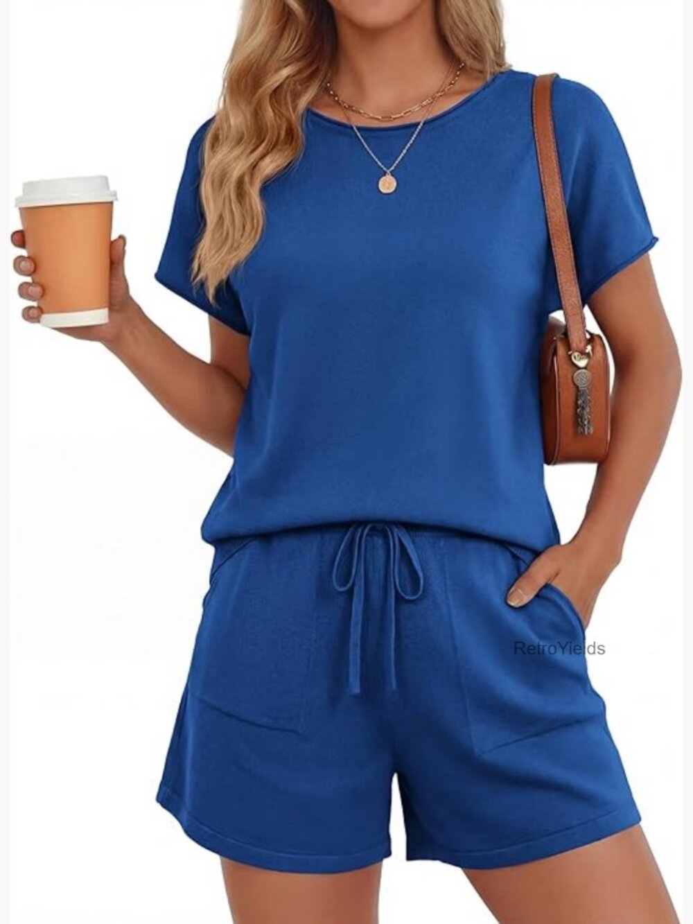 Two Piece Lounge Set Shorts Short Sleeve Top Knitted Matching Travel Vacation